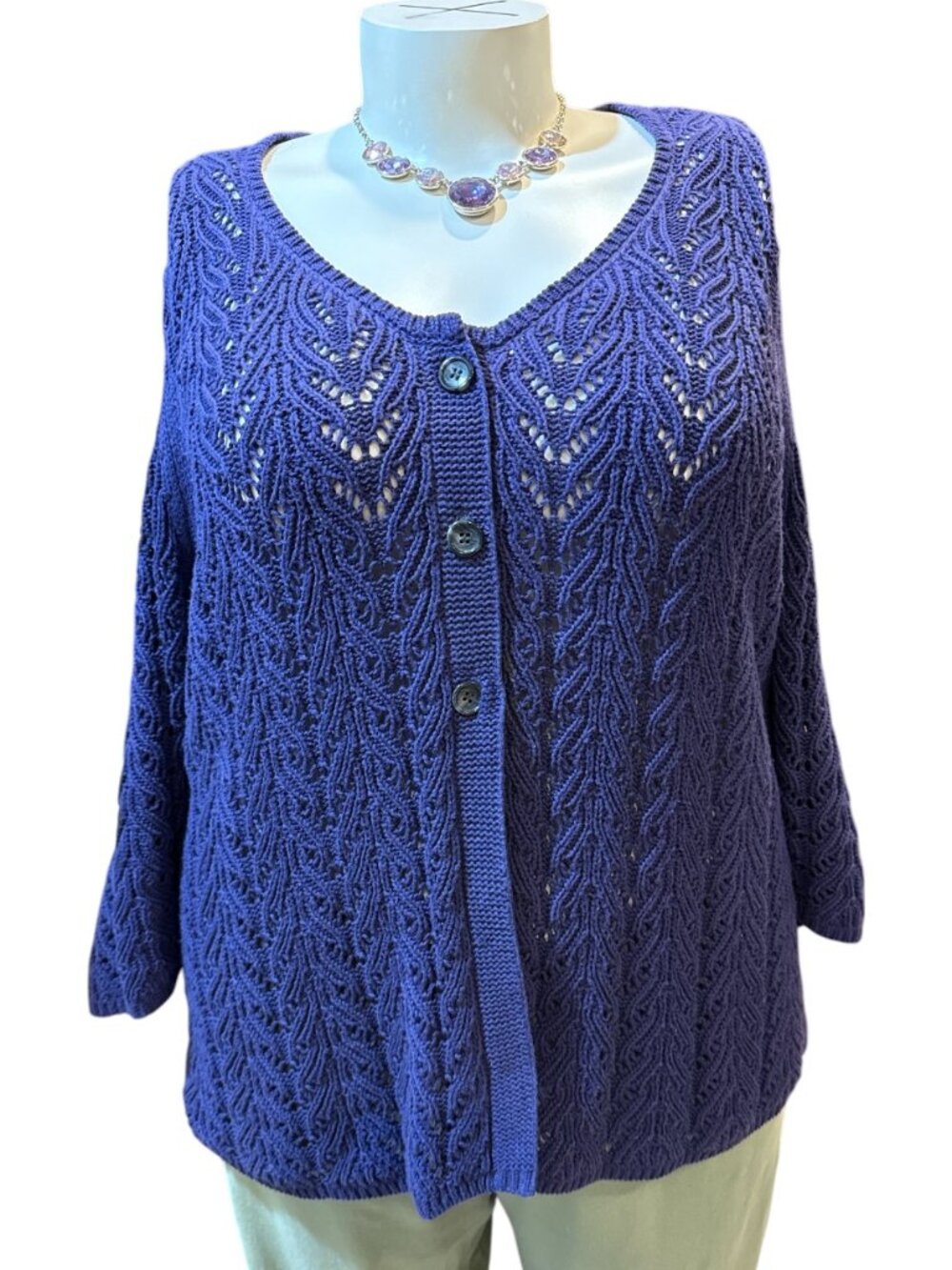 Talbots Sz 3X Purple Indigo 100% Cotton Open Knit 3-Button Cardigan Sweater
